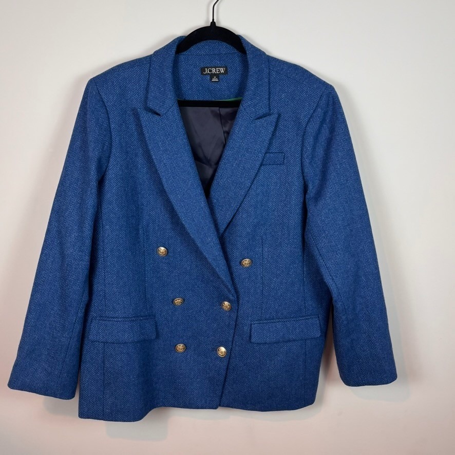 J.Crew Brynn Double Breasted Blazer Blue Herringbone English Wool Womens 20 $278